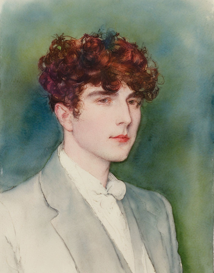 Curly-Haired Person in White Suit Watercolor Portrait