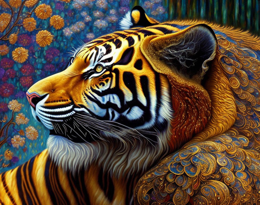 Colorful Tiger Profile Painting with Intricate Patterns and Rich Colors