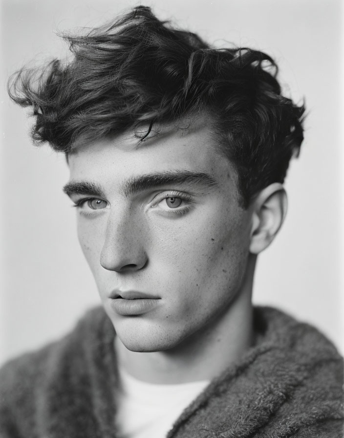 Monochrome portrait of young man with tousled hair and intense gaze