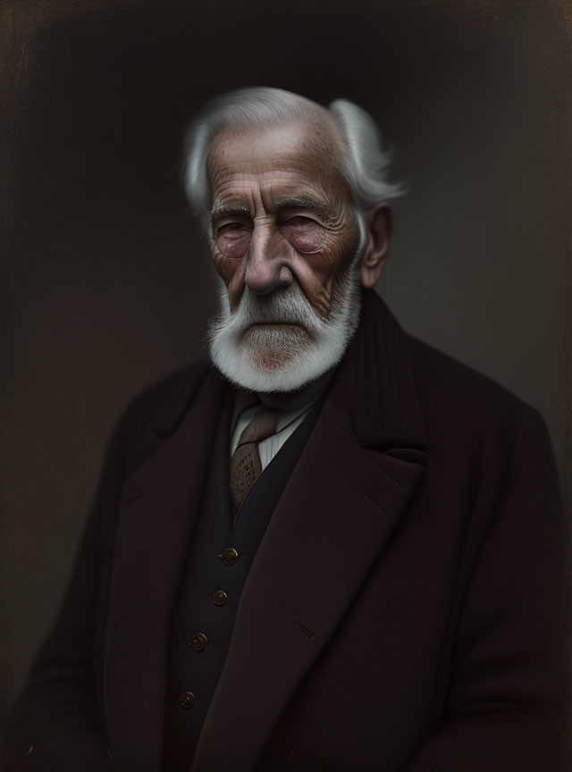 Elderly man in burgundy coat and brown suit with white hair and beard.