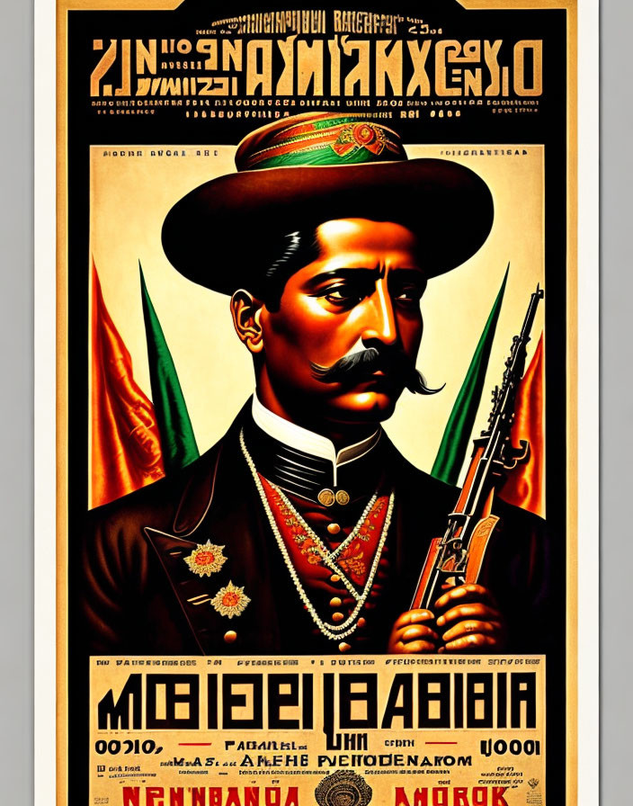 Vintage Military Poster with Man in Uniform and Cyrillic Text in Art Nouveau Style