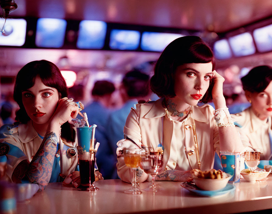 Retro-styled women with tattoos in diner setting.