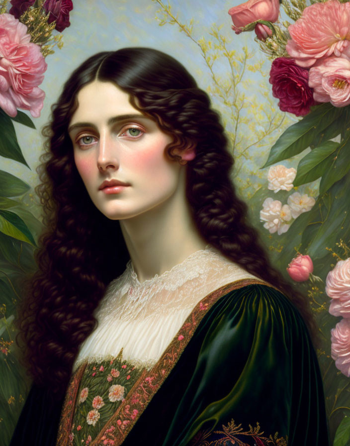 Portrait of a Woman in Green Dress with Dark Hair and Flowers