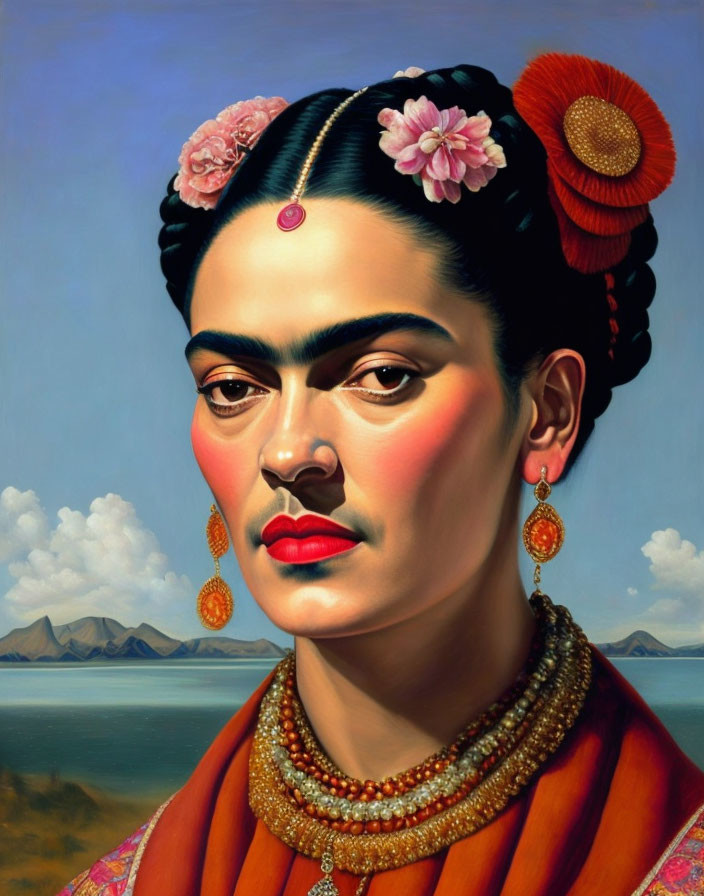 Woman with Flowers in Hair and Unibrow in Traditional Attire Portrait