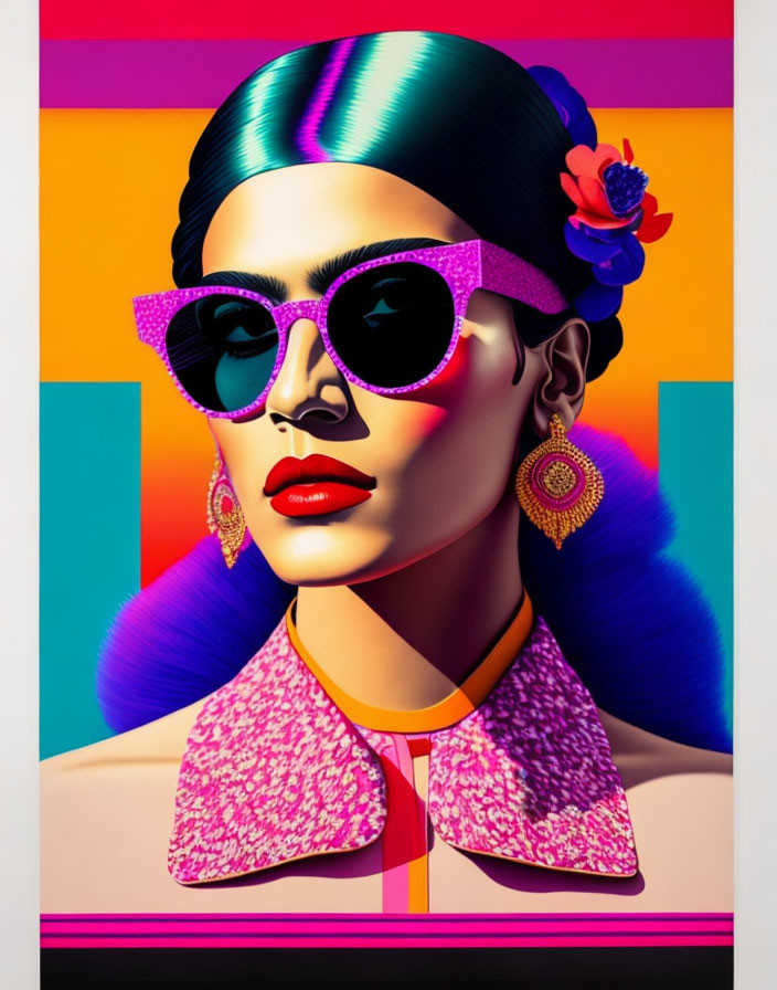 Colorful digital artwork featuring stylized woman with green hair and pink sunglasses on striped background