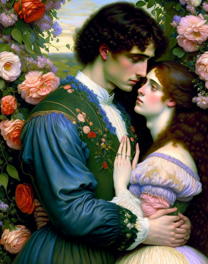 Romantic painting of man and woman embracing among vibrant flowers