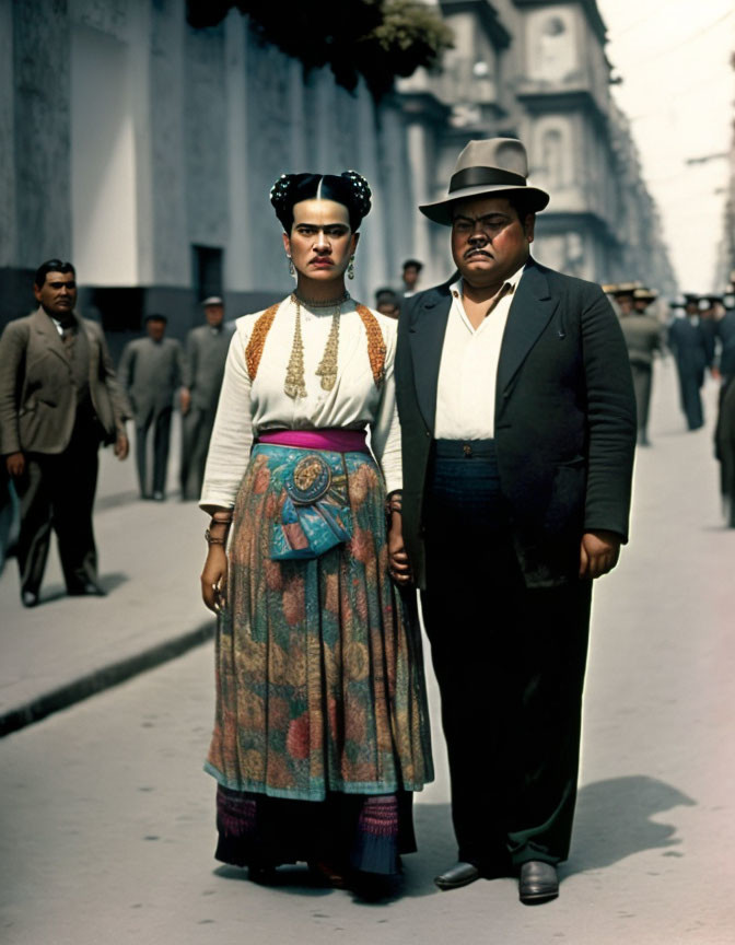 Traditional Mexican dress woman and man in suit on city street with pedestrians