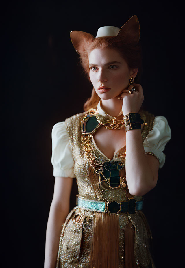 Woman in ornate costume with cat ears and gold corset exudes regal aura