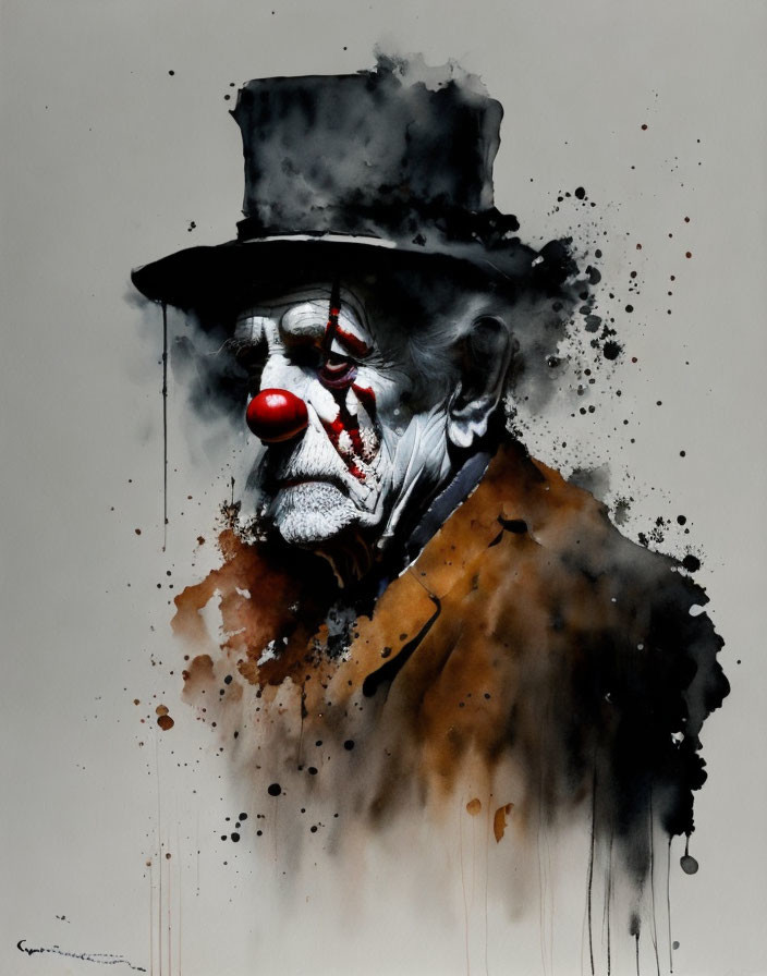 Solemn clown in watercolor with red nose and top hat