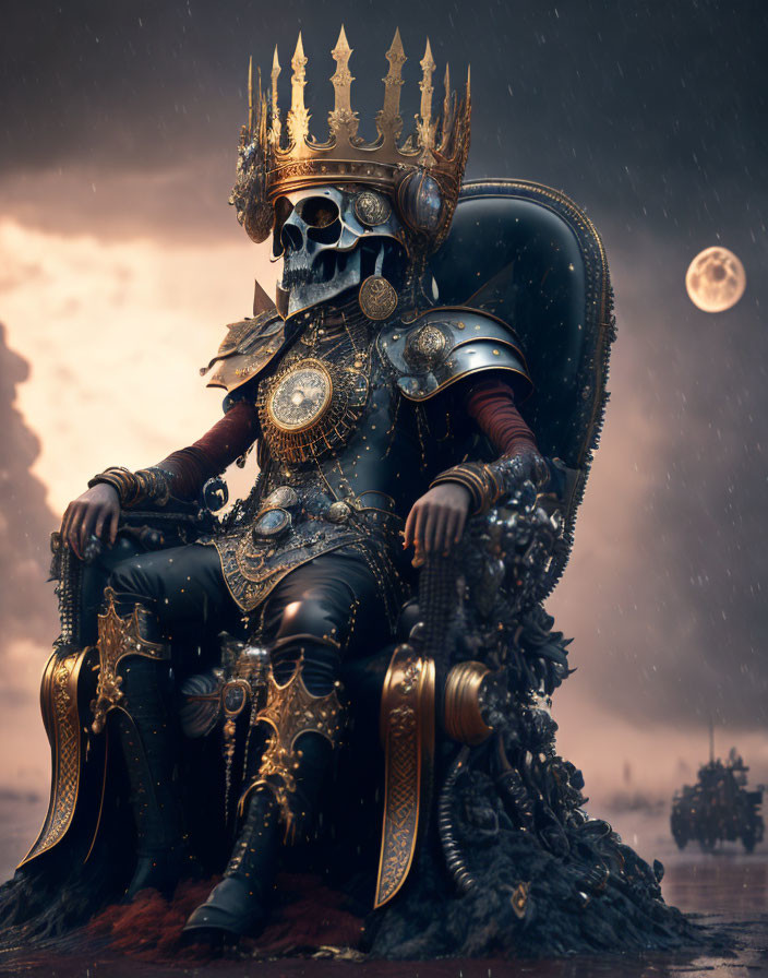 Skeletal figure in golden armor on throne in moonlit landscape