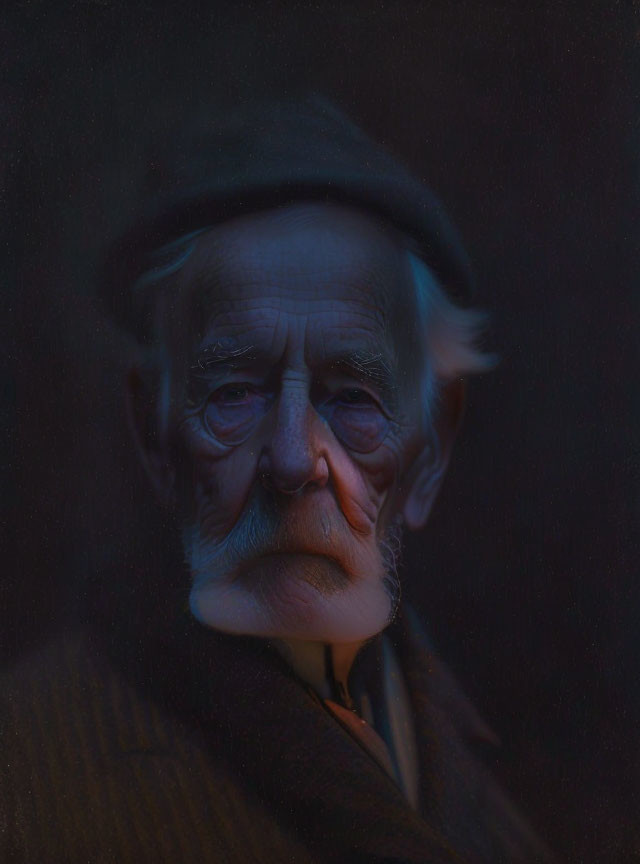 Elderly man portrait in flat cap and coat against dark background