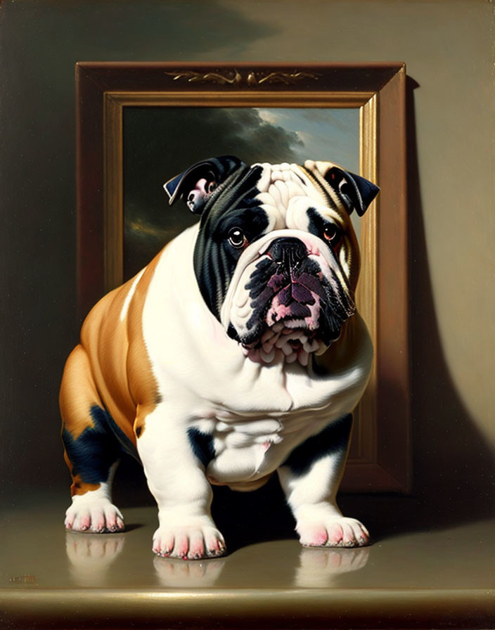 English Bulldog Oil Painting Standing in Front of Ornate Frame