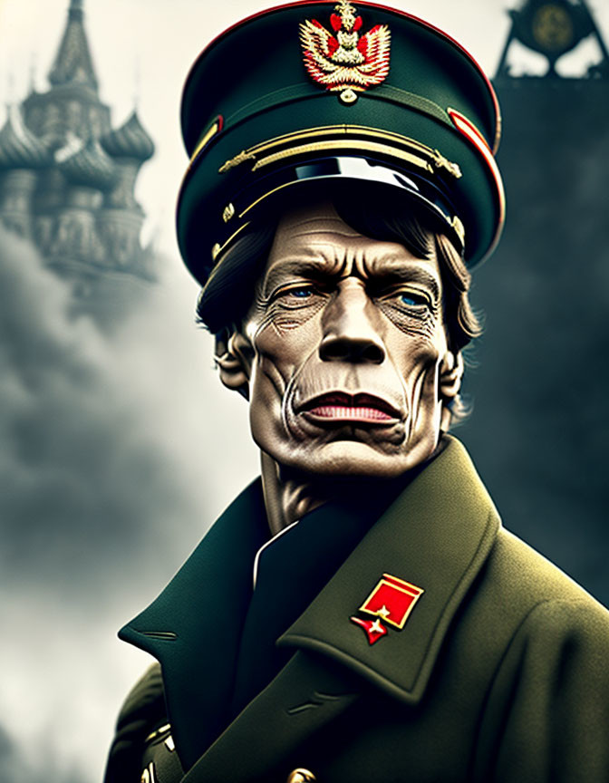 Stylized portrait of man in military uniform with castle backdrop