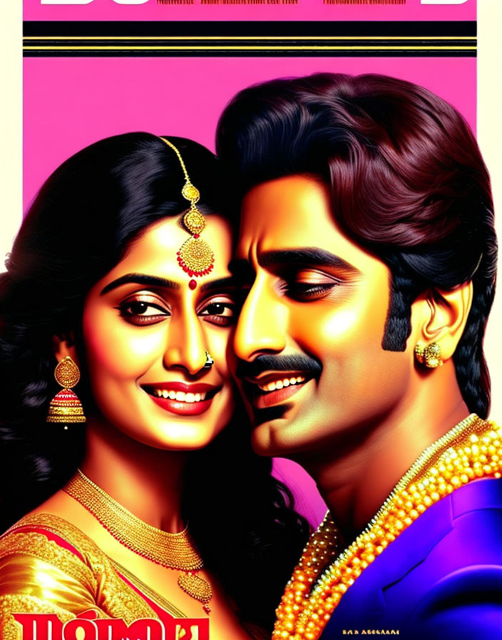 Traditional Indian Attire Couple on Vibrant Pink Background