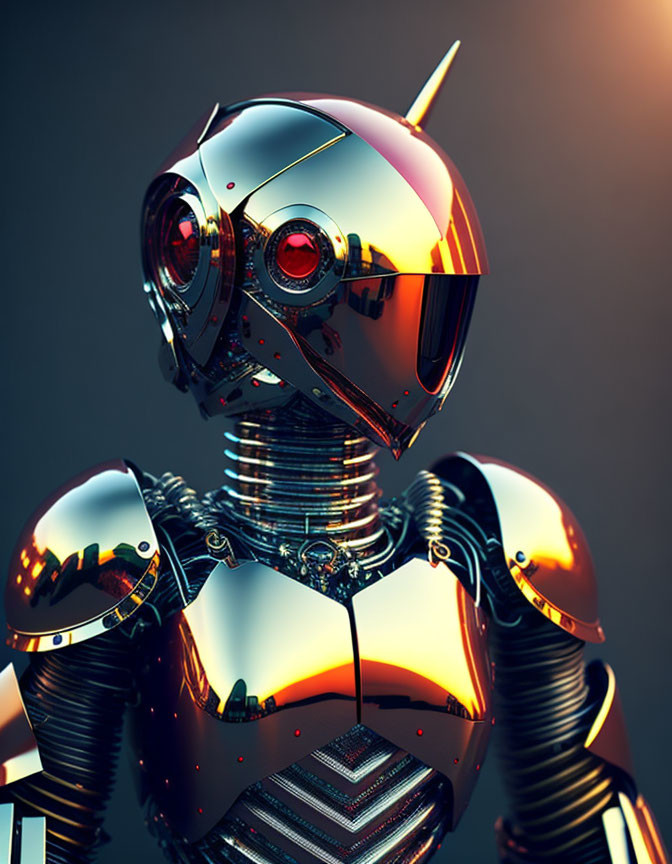 Detailed robot with reflective metallic surface and red glowing eyes