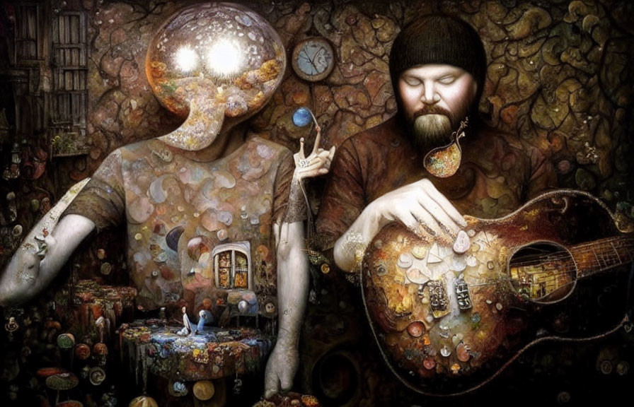 Colorful painting of man with beard playing guitar next to figure with bubble head, surreal details.