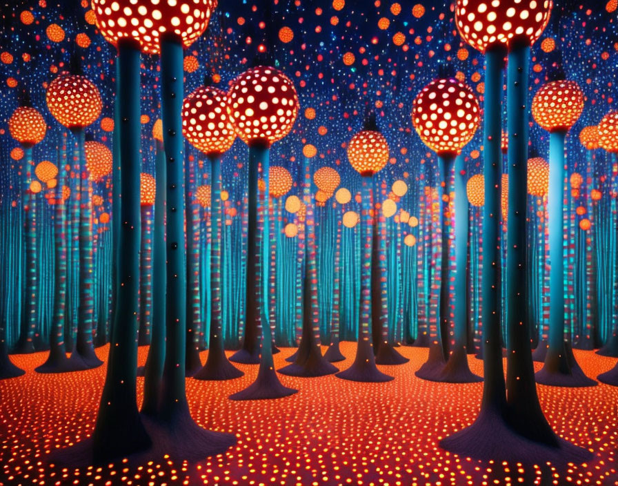 Colorful digital art: tall stylized trees with dotted canopies on starry blue backdrop