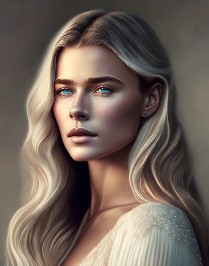 Blonde woman digital portrait with blue eyes & soft smile