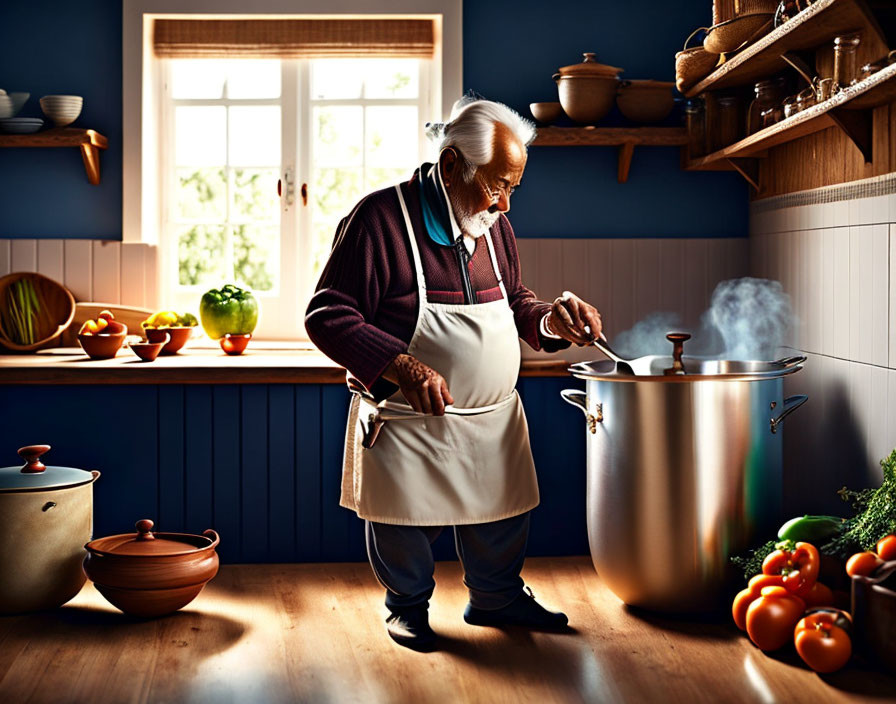 Elderly Person Cooking in Cozy Kitchen with Fresh Vegetables