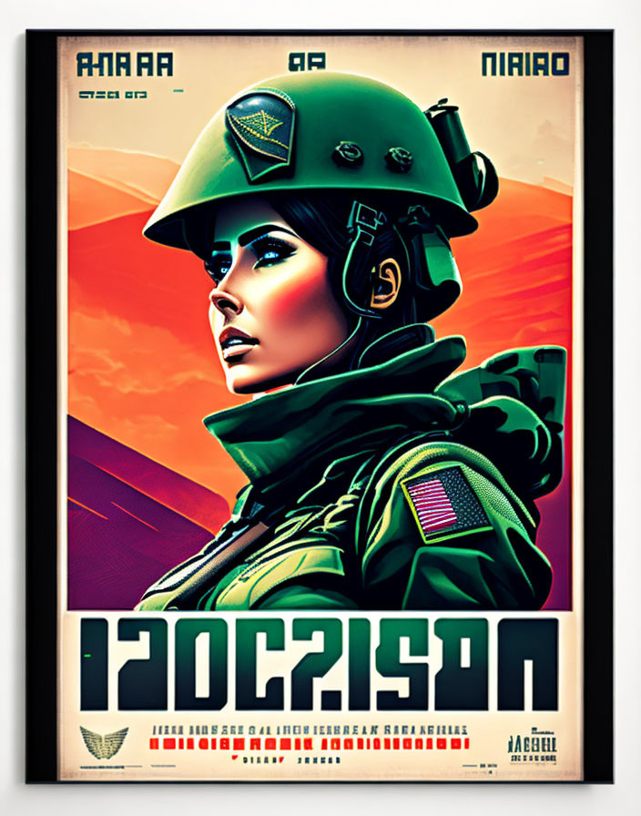 Stylized poster of female soldier with helmet and headset, Cyrillic text, and American flag