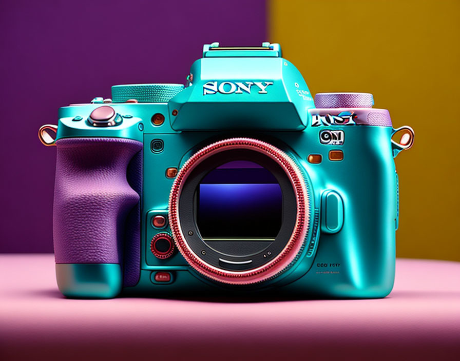 Colorful Sony Camera with Teal Body, Purple Grip, and Red Mount on Dual-Tone Background