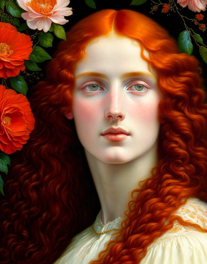 Portrait of Woman with Red Hair and Blue Eyes Among Orange Flowers