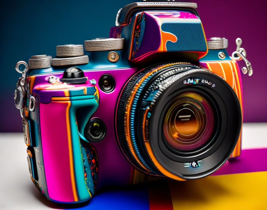 Colorful Mirrorless Camera with Psychedelic Pattern and Matching Strap on Multicolored Background