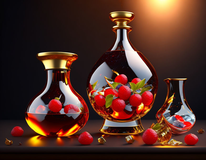 Glass decanters with amber liquid and raspberries on reflective surface