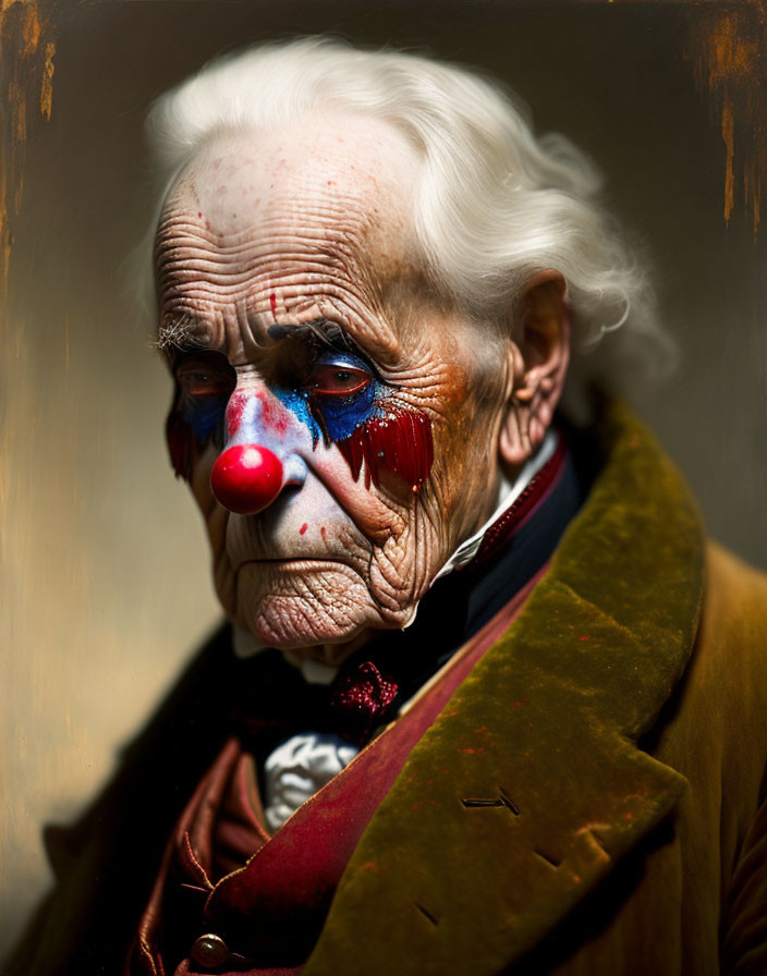 Elderly person in clown makeup with red nose and blue teardrops, wearing velvet coat