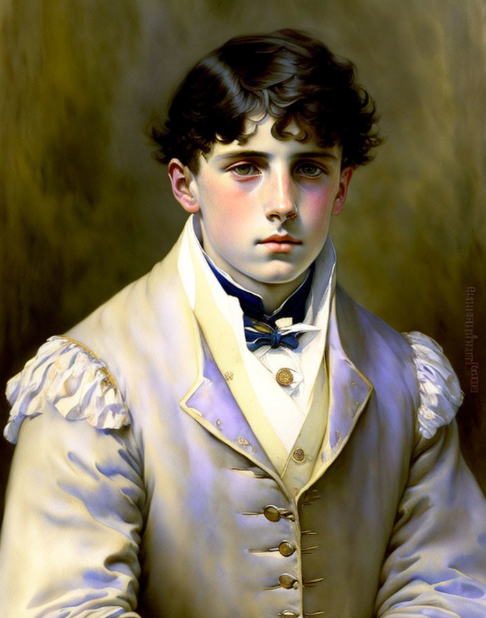 Young boy portrait: curly hair, pale yellow vest, white shirt with frilled collar, blue bow