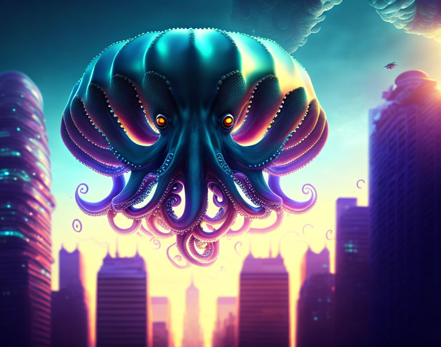 Bioluminescent octopus over futuristic cityscape at dusk