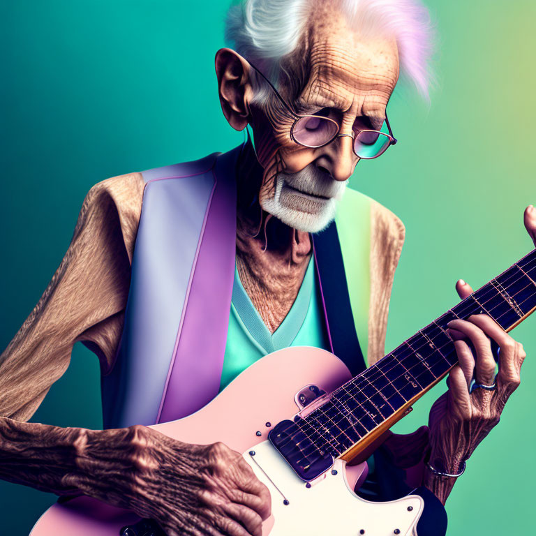 Elderly Man Playing Electric Guitar in Colorful Attire