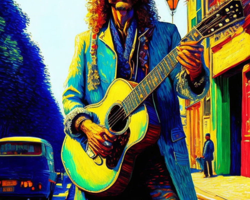 Vibrant street scene illustration with person holding guitar