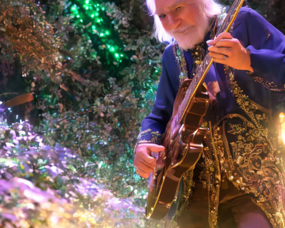 Elderly man plays double-neck guitar in colorful setting