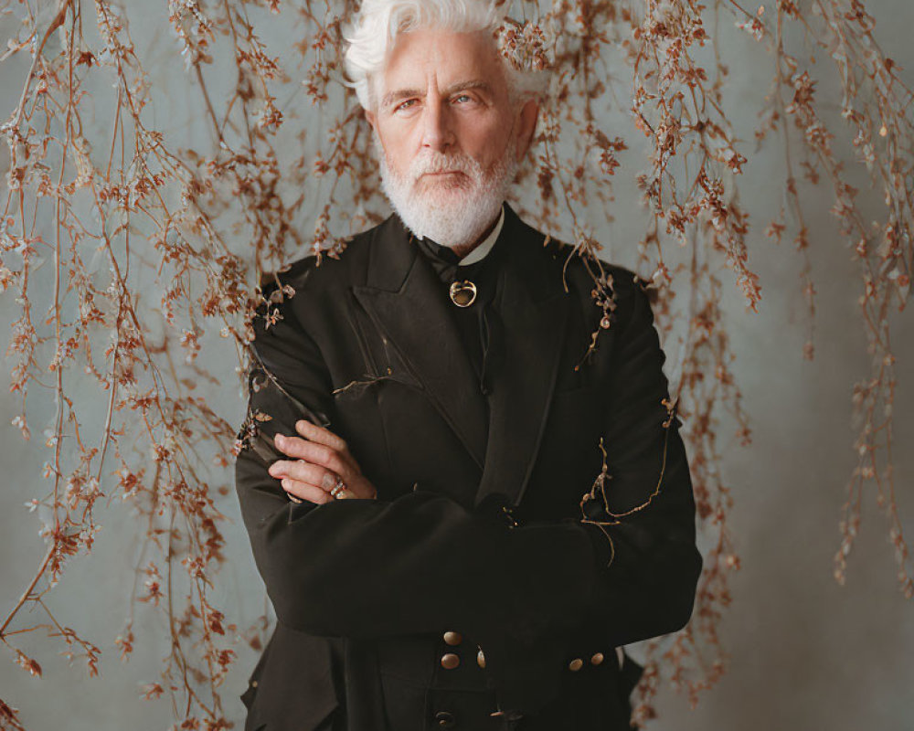 Elderly man with white hair and beard in black coat against floral backdrop