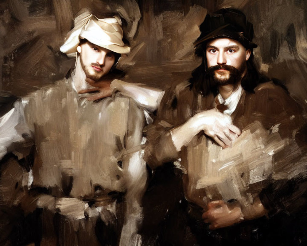 Stylized figures in fashionable hats with intense gaze in impressionistic painting