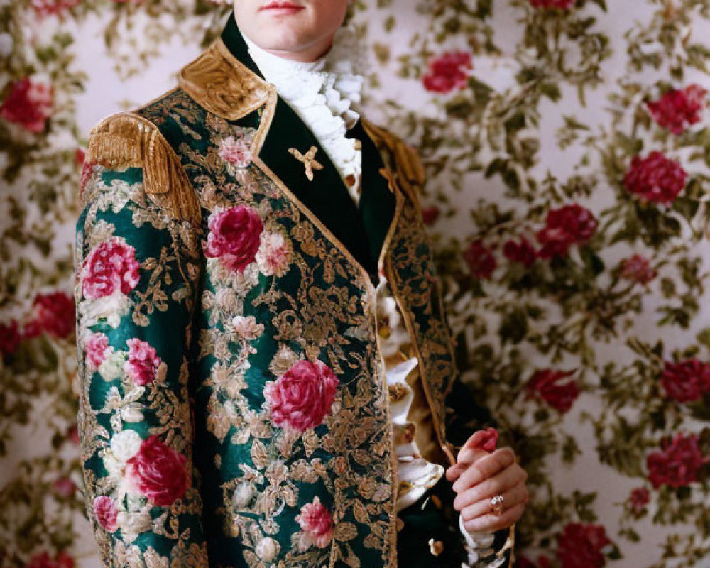 Historical man in green jacket with gold and floral designs against floral wallpaper.