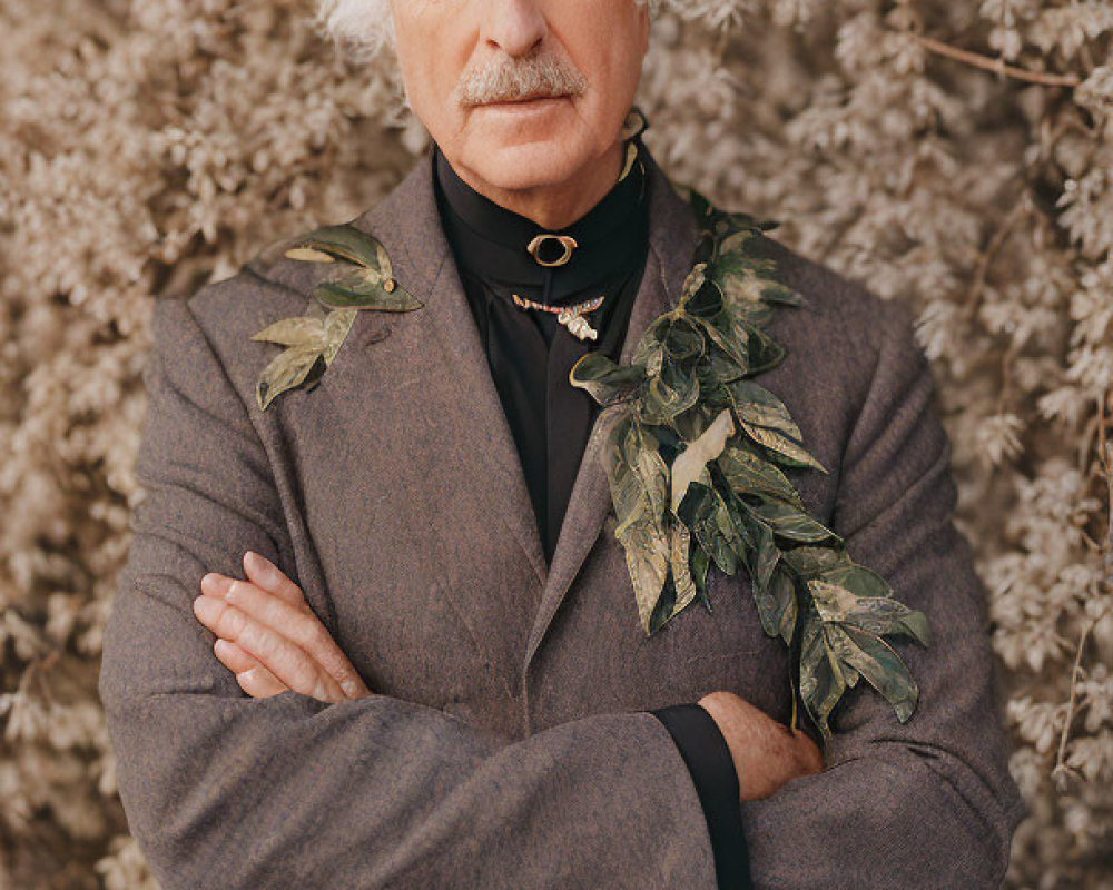 White-Haired Elderly Man in Grey Coat with Leafy Twigs on Beige Floral Background