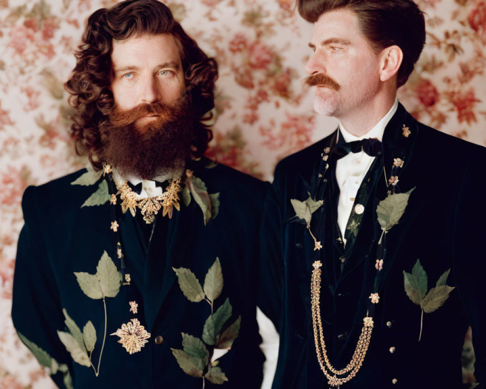 Vintage Suits Men with Decorative Foliage and Jewelry Against Floral Backdrop