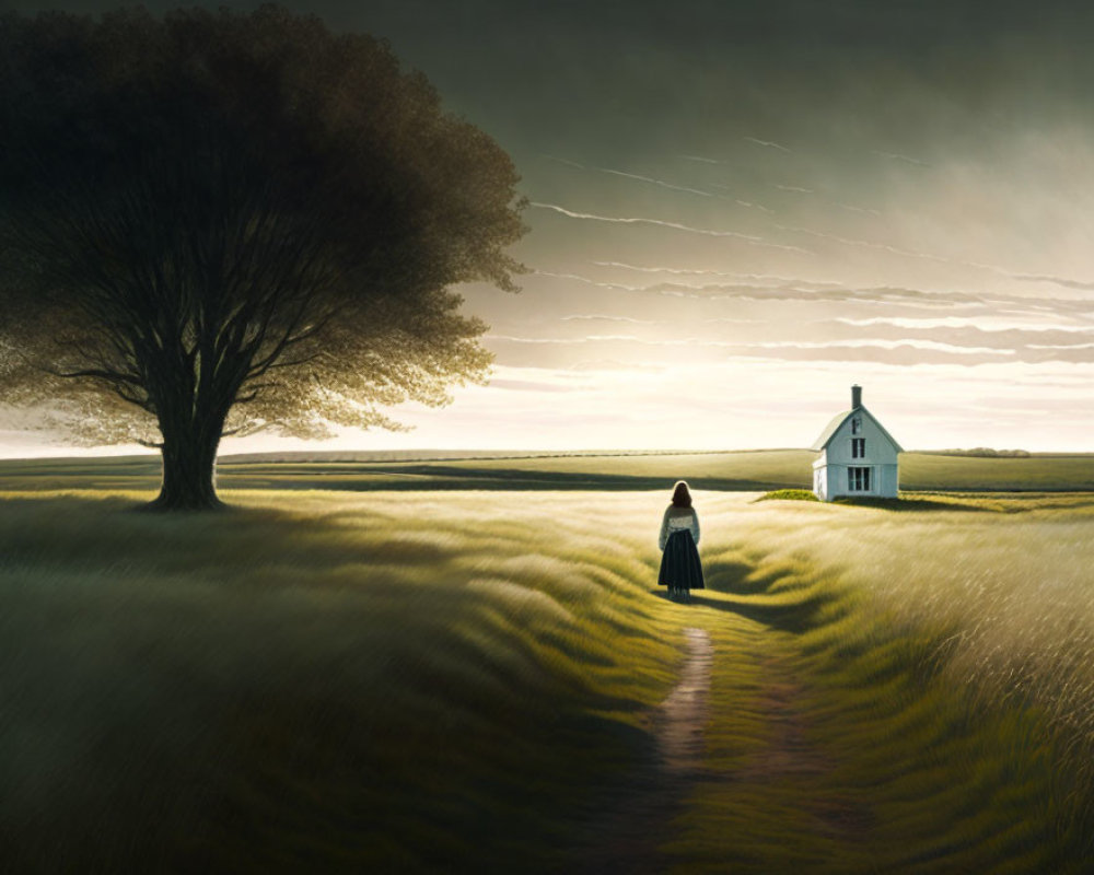 Solitary Figure Walking towards Small House in Golden Field