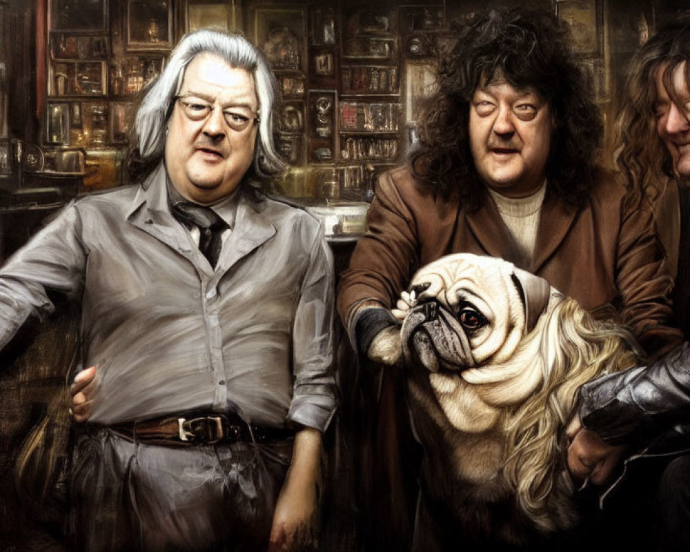 Elderly Men with Long Hair and Pug in Room with Classical Paintings