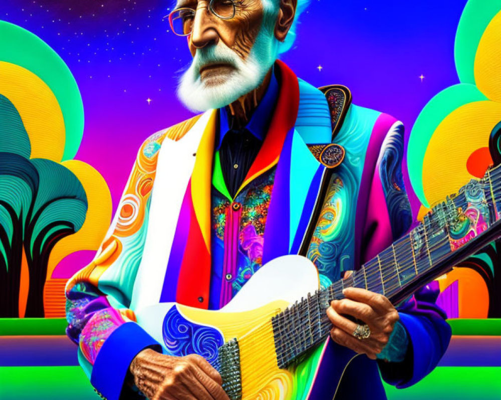 Elderly man playing guitar in vibrant psychedelic setting