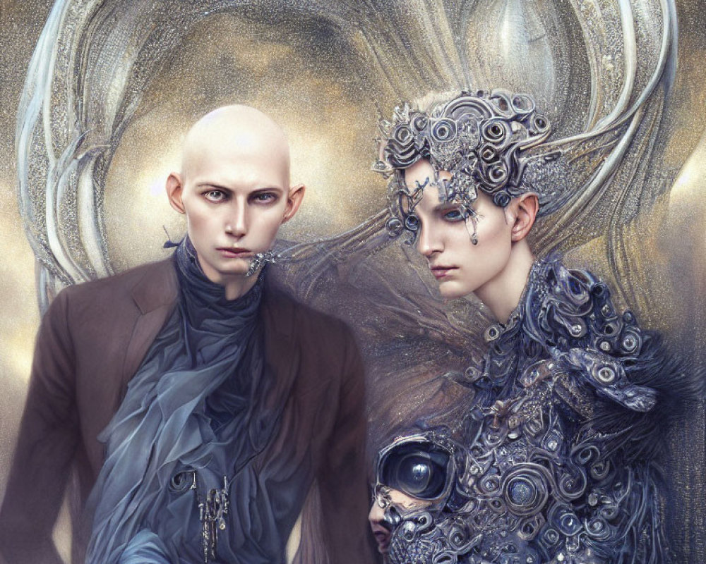 Ethereal beings with ornate headpieces and intricate orb in swirling halo backdrop