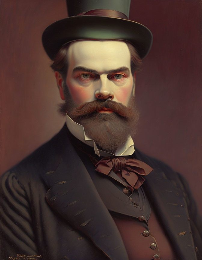 Styled mustache man in bow tie, top hat, and double-breasted suit