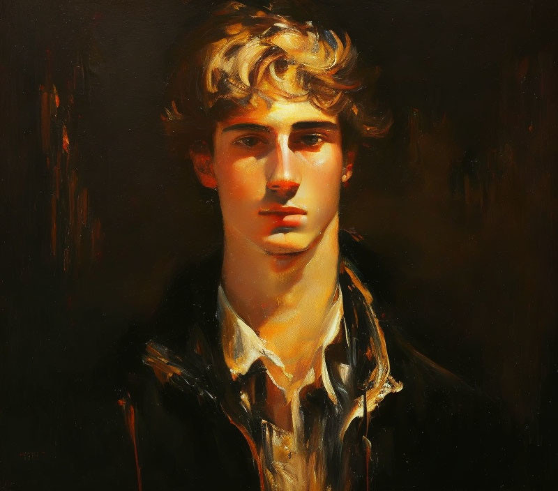 Young man with wavy hair in pensive mood under warm light.