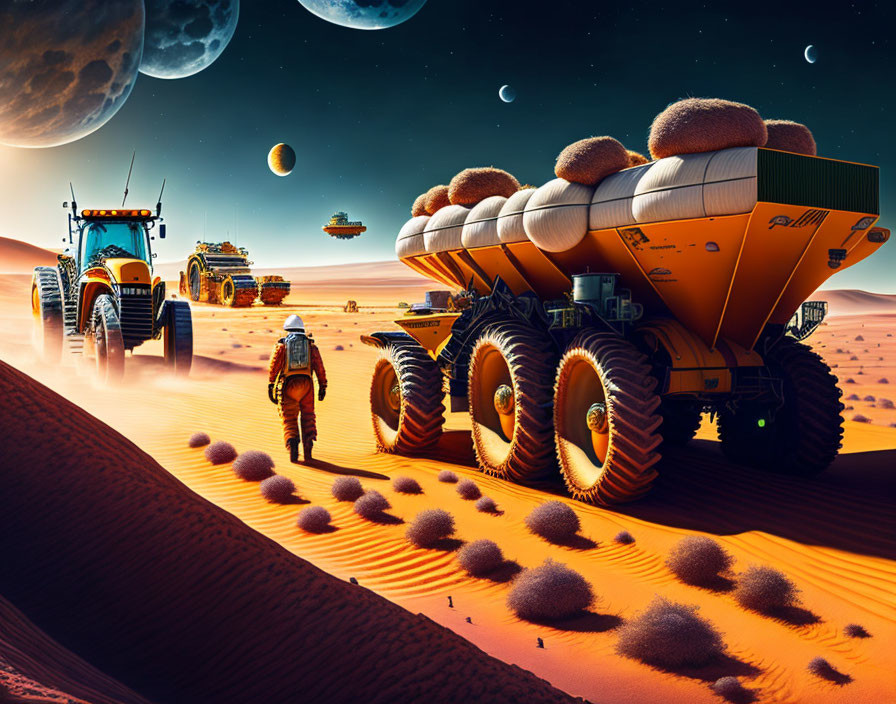 Astronaut walking on alien planet with futuristic tractors and spacecraft.