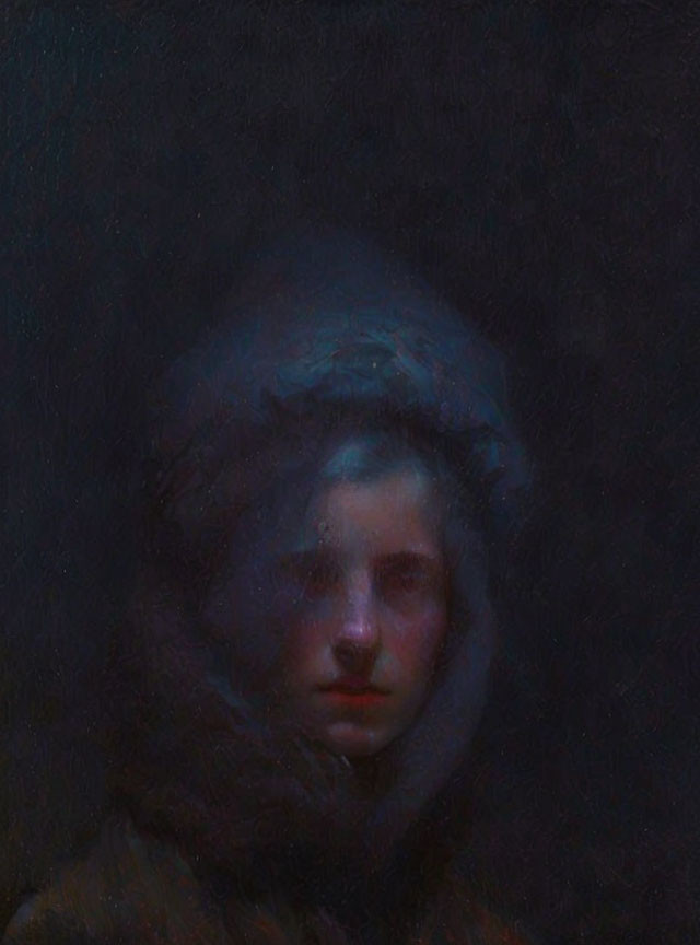 Portrait of a solemn figure in dark background with blue tones