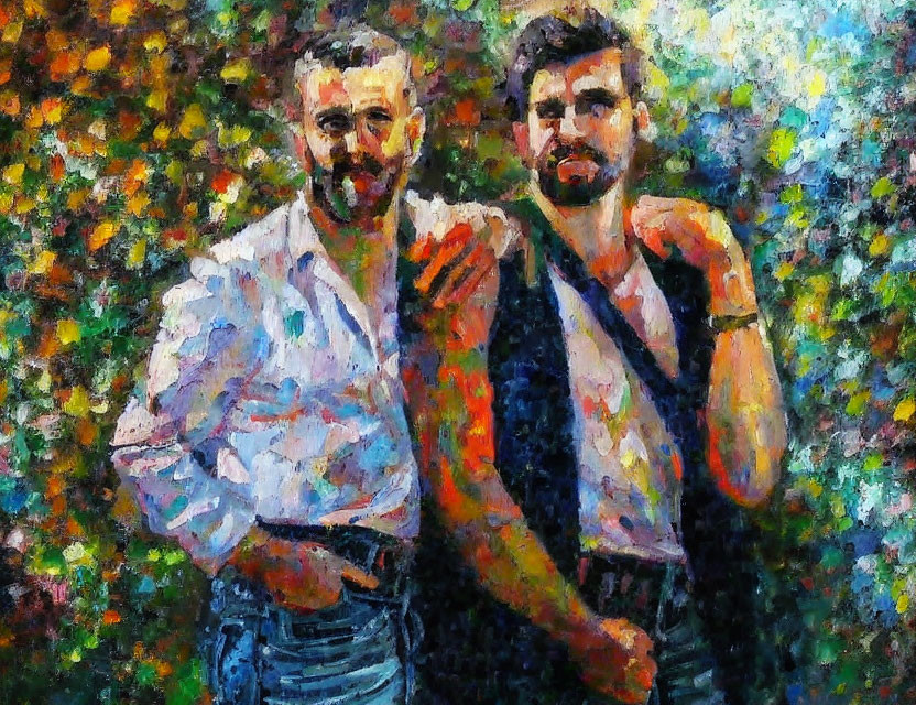 Two Men Embracing and Smiling in Front of Colorful Impressionistic Background