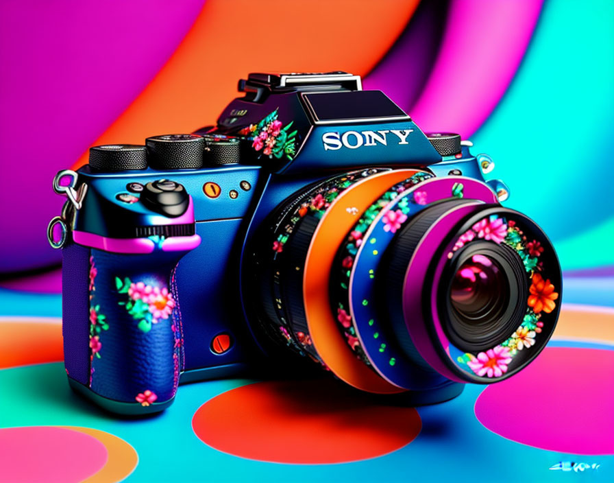 Colorful Sony Camera with Floral Patterns on Psychedelic Background