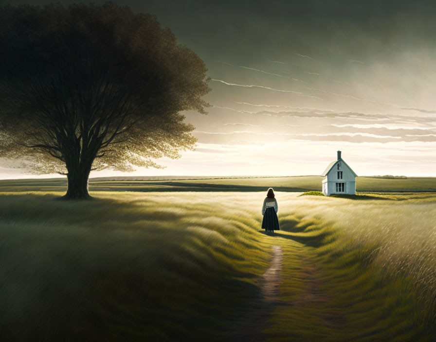 Solitary Figure Walking towards Small House in Golden Field